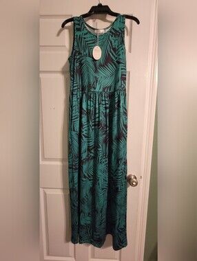 Sleeveless Teal Palm-Print Maxi Dress